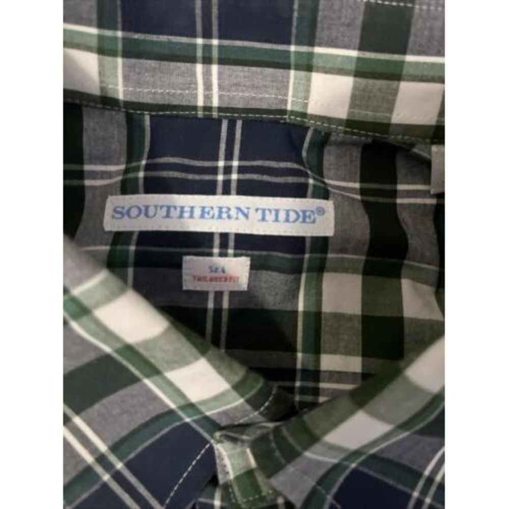 Southern Tide Mens Shirt Blue Green Plaid Large Cotton Blend Tailored Fit - Picture 5 of 5